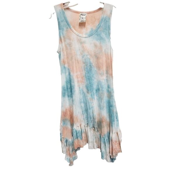 Vocal Womens Tie Dye Asymmetric Tank Dress Medium Blue Peach Ruffle Hem BOHO